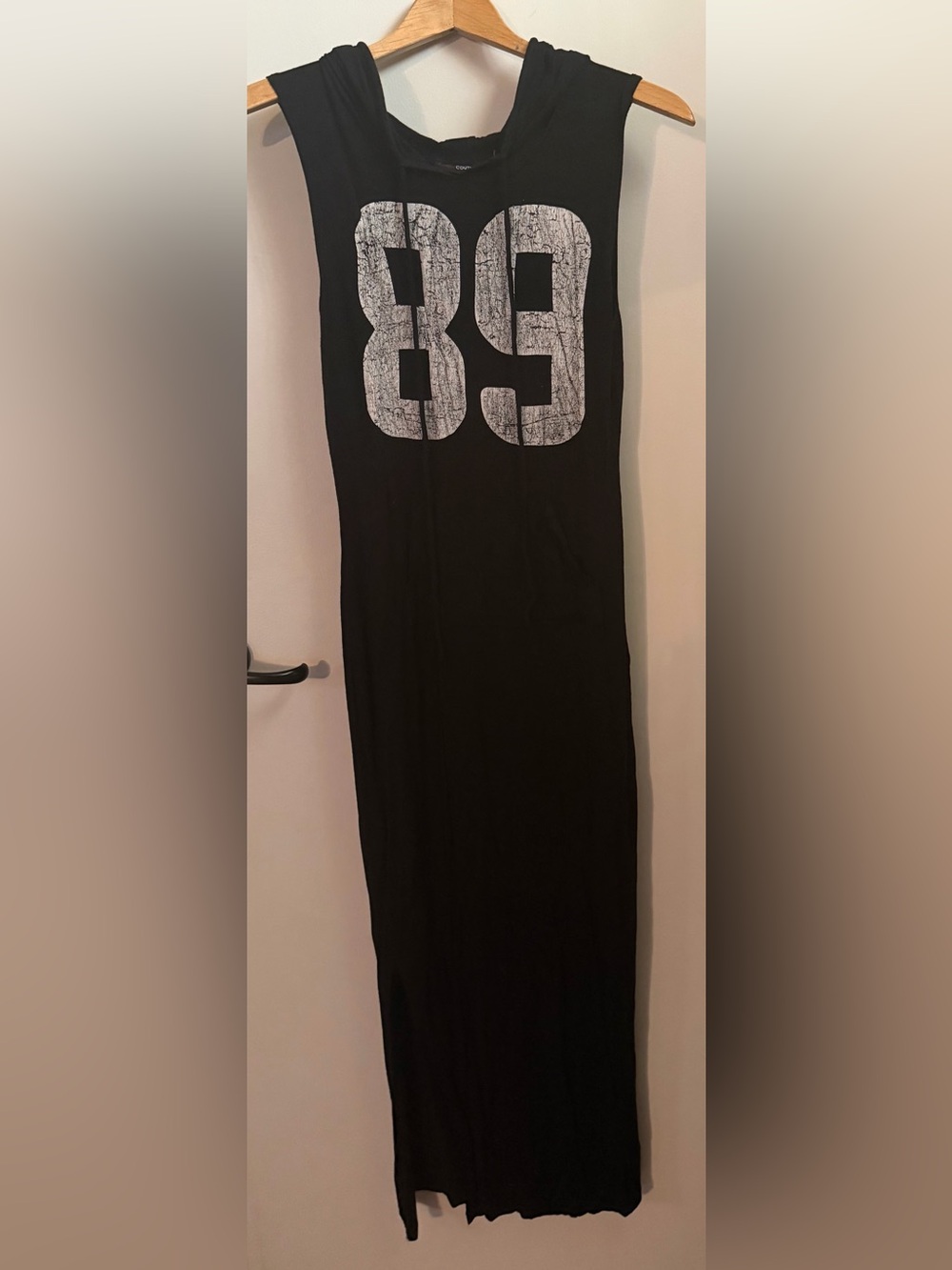 Black Graphic Jersey Stretchy Maxi Dress with '89 Print, Kangaroo Pouch and hood